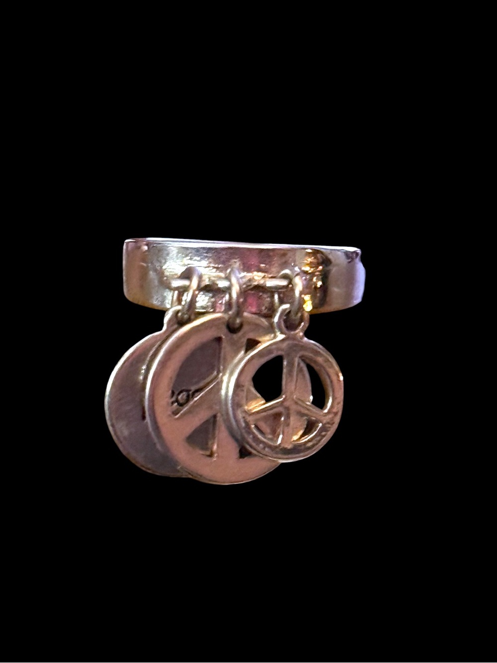 Silver tone peace dangle charms ring